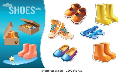 3d shoes set with composition of newly bought gifted shoes and isolated icons of different pairs vector illustration