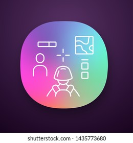 3d shooter app icon. Virtual video game. Online multiplayer. Battle royale. E sports competition. Computer game interface. UI/UX user interface. Web or mobile application. Vector isolated illustration