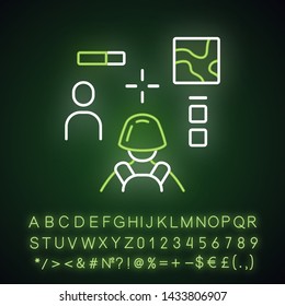 3d shooter neon light icon. Virtual video game. Online multiplayer. Battle royale. Cybersport competition. Computer game interface. Glowing alphabet, numbers and symbols. Vector isolated illustration