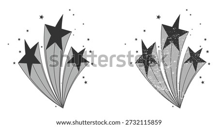 3d shooting stars vector icon set. Party Star Banner. Black and white shooting star. Meteorite and comet symbols. Vector illustration.