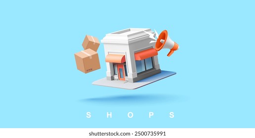 3D shop building, loudspeaker, paper boxes. Online store, delivery of orders, discounts. Banner for advertising and promotion of goods, delivery, and service. Vector illustration.