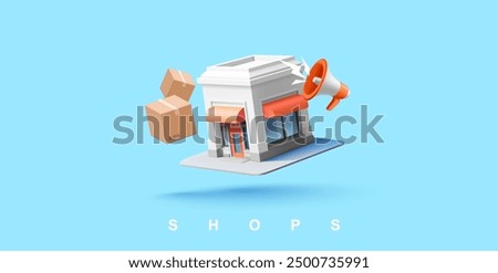 3D shop building, loudspeaker, paper boxes. Online store, delivery of orders, discounts. Banner for advertising and promotion of goods, delivery, and service. Vector illustration.