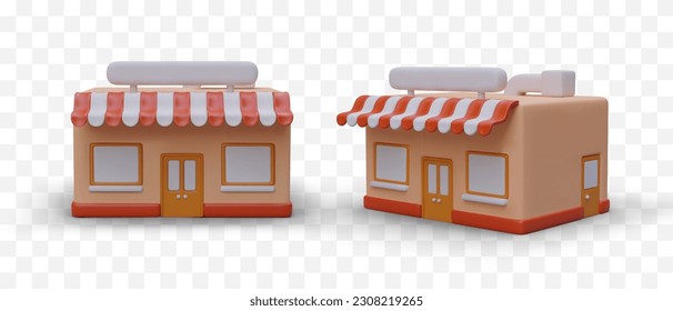 3D shop buildings with bright striped canopies. Two images from different angles. Online shopping. Illustration for design of store advertisement, mobile application, banner, poster, flyer