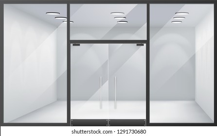 3d Shop Empty Interior Front Store Realistic Windows Space Closed Doors Mockup Template Background Vector Illustration