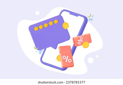 3D Shoping online concept and positive review. Leave a review in order to get a coupon. Flying coupons on a mobile phone with speech bubble and positive reviews. Vector illustration