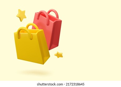 3d shopping bag banner template. Vector render mockup with gift bags and stars. Sale concept