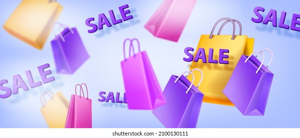 3D-Shopping-Taschen-Banner, Vektorgrafik-Online-Handel bieten Hintergrund, buntes Papier-Mode-Paket. Spezielles Angebot Rabatt-Kauf-Illustration, Urlaubsposter. Flying 3D-Taschenmarkt-Addition