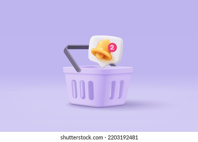 3d shopping bag with bell icon and push bubble notification online concept. Basket minimal 3d alert for discount promotion. Shopping bag for buy and sale. 3d bell alarm vector icon render illustration