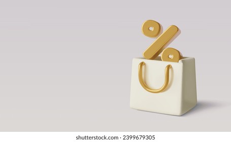 Bolsa de compras 3D con un gran porcentaje de firmas dentro con espacio para copiar texto. Venta elegante en blanco y oro, descuento y antecedentes especiales de oferta. Verdadero vectorial