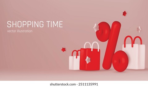 3D shopping bag with big percent sign inside with copy space for text. Red and pink elegant sale, discount and special offer background.