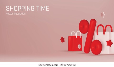 3D shopping bag with big percent sign inside with copy space for text. Red and pink elegant sale, discount and special offer background.