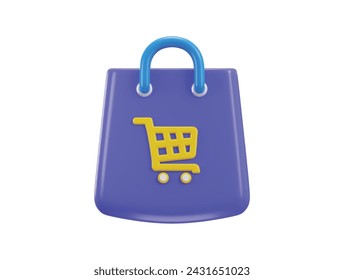 Bolso de compras 3d con el concepto del icono del carrito de compras de la ilustración del icono del vector de compras en línea