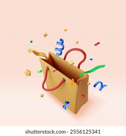 3D shopping bag with confetti isolated. Render realistic color confetti and gift bag. Sale, discount or clearance concept. Online or retail shopping symbol. Fashion handbag. Vector illustration