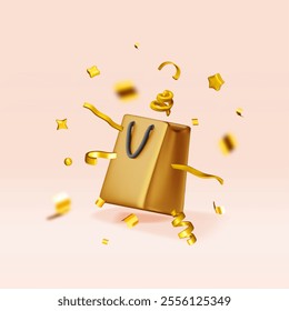 3D shopping bag with confetti isolated. Render realistic color confetti and gift bag. Sale, discount or clearance concept. Online or retail shopping symbol. Fashion handbag. Vector illustration