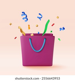 3D shopping bag with confetti isolated. Render realistic color confetti and gift bag. Sale, discount or clearance concept. Online or retail shopping symbol. Fashion handbag. Vector illustration