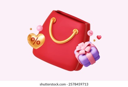 3D Shopping Bag With Discount and Gift. Holiday Sale Concept for Valentine’s Day, Mother’s Day, and Romantic Events