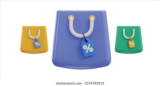 3D-Einkaufstasche mit Rabatt-Techsymbol-Set