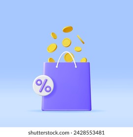 3D Shopping Bag and Golden Coins. Render Realistic Gift Bag. Receiving funds, Sale, Discount or Clearance Concept. Online or Retail Shopping Symbol. Fashion Handbag. Vector Illustration