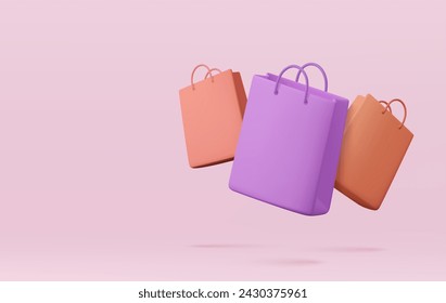 3D Einkaufstasche, Handtasche. Banner für Online-Shopping. Verkauf, Rabatt, Promotion, Online-Shopping-Konzept. Bannervorlage. 3D-Rendering Vektorgrafik