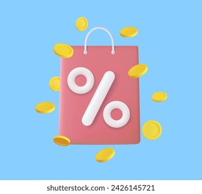 3d Shopping bag, handbag with discount and flying coinns. Sale, discount, Online shopping concept. For promotion, marketing and advertising in social networks. 3d rendering. Vector illustration