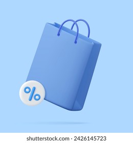 Bolso de compras 3d, bolso de mano con descuento. Venta, descuento, promoción, concepto de compras en línea. Venta de bienes. Plantilla de banner. renderizado 3d. Ilustración de vector