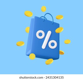 3d Shopping bag, handbag with discount and flying coinns. Sale, discount, Online shopping concept. For promotion, marketing and advertising in social networks. 3d rendering. Vector illustration