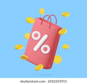 3d Shopping bag, handbag with discount and flying coinns. Sale, discount, Online shopping concept. For promotion, marketing and advertising in social networks. 3d rendering. Vector illustration