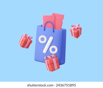 3d Shopping bag, handbag with discount and gift box. Sale, discount, Online shopping concept. For promotion, marketing and advertising in social networks. 3d rendering. Vector illustration