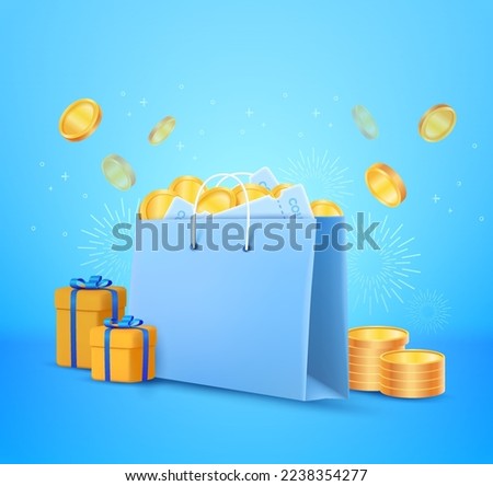 3d Shopping bag, handbag with discount and flying coins. Shopping bag and gold coins for the holidays through online shopping or holiday gift surprise or happy new year on firework background.