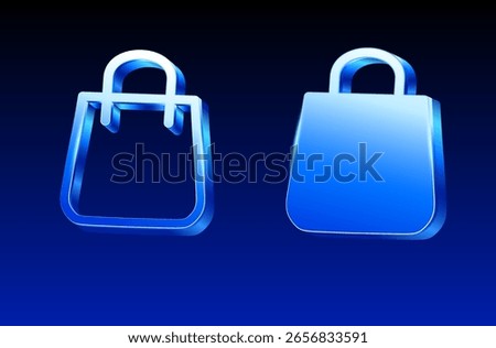 3d shopping bag icon in blue shining metal style, isolated on background. Outlined shopping bag icon in 3d vector illustration