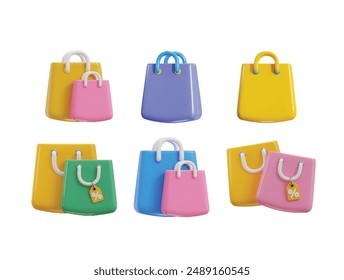 3d shopping bag icon with discount teg icon set 3d render