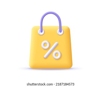 3d shopping bag icon with percent symbol. Render shopping paper bag for discount concept, sale on goods and online shopping. 3d vector cartoon minimal illustration