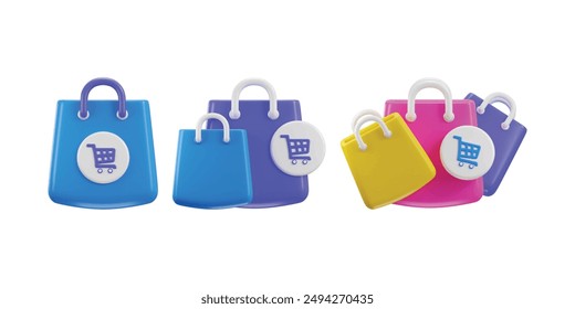 Conjunto de iconos de bolso de compras 3d concepto de ícono de Carrito de compras e ilustración de ícono de Vector de compras en línea