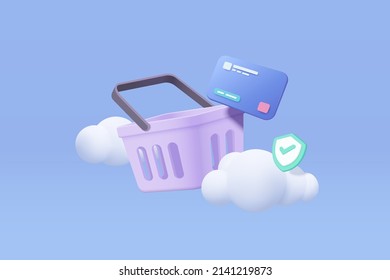 3d shopping bag for online shopping and credit card secure concept. Basket 3d icon with shadows on sky cloud background. Shopping bag for buy, sale, discount, promotion. 3d vector icon illustration