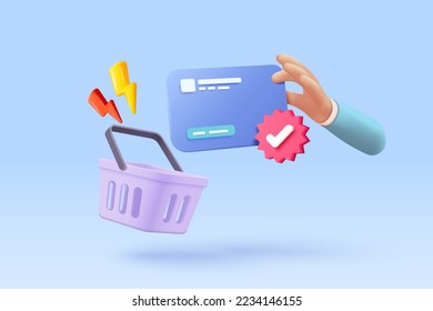 3d bolsa de compra para compra online y concepto de seguridad de tarjeta de crédito. Icono de canasta con sombra sobre el fondo. Promoción de tarjeta de crédito para compras, venta, descuento, promoción. Ilustración de iconos vectoriales 3d