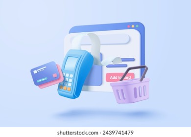 Bolso de compras 3d para compras en línea y concepto seguro de tarjeta de crédito. Icono de cesta con sombra en el fondo. Promoción de tarjeta de crédito para compras, venta, descuento, promoción. Ilustración de renderizado de icono vectorial 3d