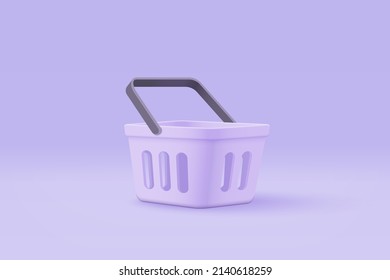 3d shopping bag for online shopping and digital marketing concept. Basket minimal icon with shadows on purple background. Shopping bag for buy, sale, discount, promotion. 3d vector icon illustration