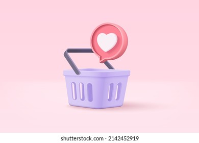 3d bolsa de compras para el concepto de compras en línea y marketing digital. Icono mínimo de canasta con sombras sobre fondo rosado. Bolsa de compra, venta, descuento, promoción. Ilustración de iconos vectoriales de 3 d