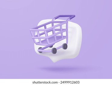 3d shopping bag for online shopping and digital marketing concept. Basket minimal icon with shadows on purple background. Shopping bag for buy, sale, discount, promotion. 3d vector icon illustration