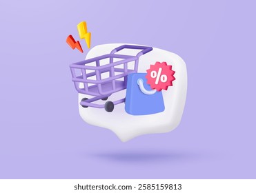 3d shopping bag for online shopping and digital marketing concept. Basket minimal icon with shadows on purple background. Shopping bag for buy, sale, discount, promotion. 3d vector icon illustration