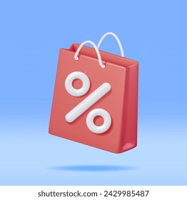 Bolsa de compras 3D con signo de porcentaje aislado. Bolsa de regalo realista. Concepto de venta, descuento o liquidación. Símbolo de compras en línea o al por menor. Bolso de la moda. Ilustración vectorial