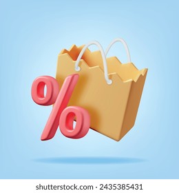 3D Shopping Bag with Percent Sign Isolated. Render Realistic Gift Bag. Sale, Discount or Clearance Concept. Online or Retail Shopping Symbol. Fashion Handbag. Vector Illustration