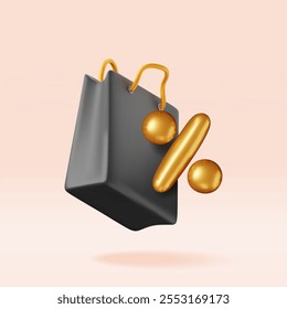 3D shopping bag with percent sign isolated. Render realistic gift bag. Sale, discount or clearance concept. Online or retail shopping symbol, black friday. Fashion handbag. Vector illustration