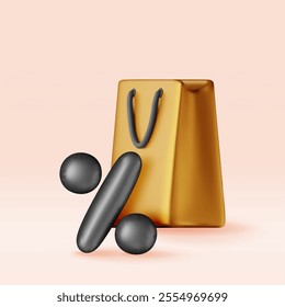 3D shopping bag with percent sign isolated. Render realistic gift bag. Sale, discount or clearance concept. Online or retail shopping symbol, black friday. Fashion handbag. Vector illustration