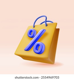 3D shopping bag with percent sign isolated. Render realistic gift bag. Sale, discount or clearance concept. Online or retail shopping symbol, black friday. Fashion handbag. Vector illustration