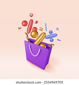 3D shopping bag with percent sign in confetti. Render realistic gift bag. Sale, discount or clearance concept. Online or retail shopping symbol, black friday. Fashion handbag. Vector illustration