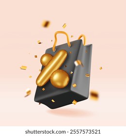 3D shopping bag with percent sign in confetti. Render realistic gift bag. Sale, discount or clearance concept. Online or retail shopping symbol, black friday. Fashion handbag. Vector illustration