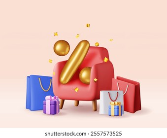 3D shopping bag, percent sign on chair and confetti. Render realistic gift box Sale, discount or clearance concept. Online or retail shopping symbol, black friday. Fashion handbag. Vector illustration