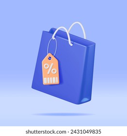 3D Shopping Bag with Price Tag and Percent Sign Isolated. Render Realistic Gift Bag. Sale, Discount or Clearance Concept. Online or Retail Shopping Symbol. Fashion Handbag. Vector Illustration