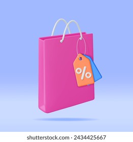 Bolso de compras 3D con etiqueta de precio y signo de porcentaje aislado. Bolsa de regalo realista. Concepto de venta, descuento o liquidación. Símbolo de compras en línea o al por menor. Bolso de la moda. Ilustración vectorial